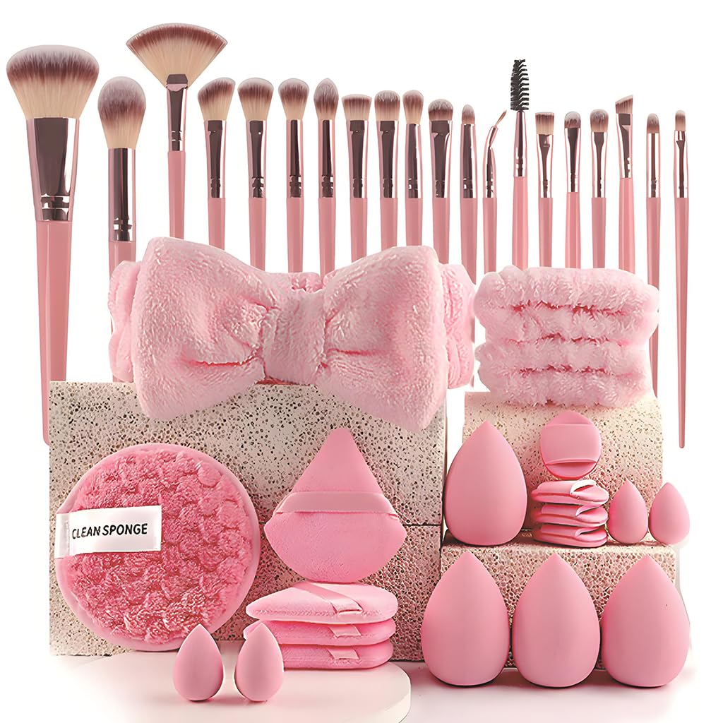 HASTHIP® Makeup Brush Tool Set Synthetic Foundation Powder Concealers Eye shadows Blush Makeup Brushes (Pink, 40Pcs Set) - Pink
