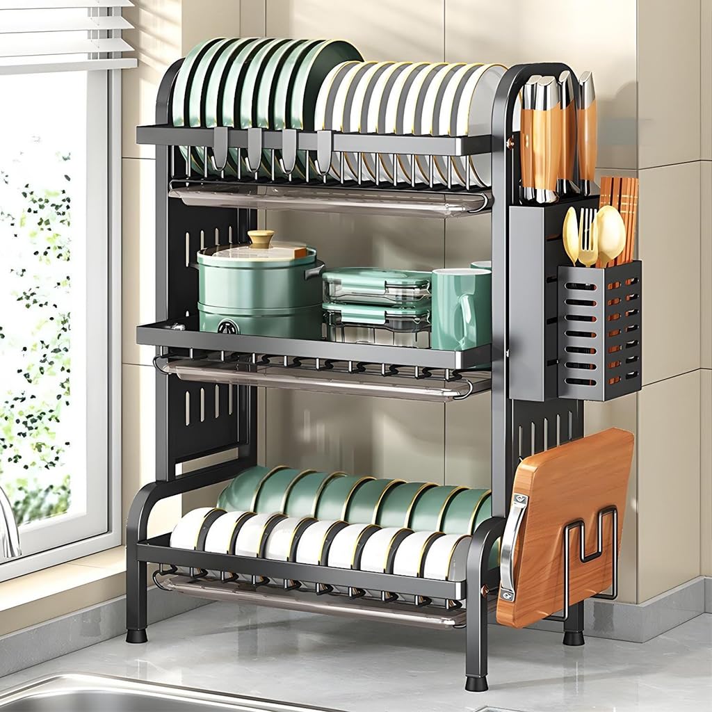 HASTHIP Kitchen Utensils Drying Rack for Storage with 3 Tier 63x42x24.5 cm Carbon Steel | Hook and Cutlery Holder