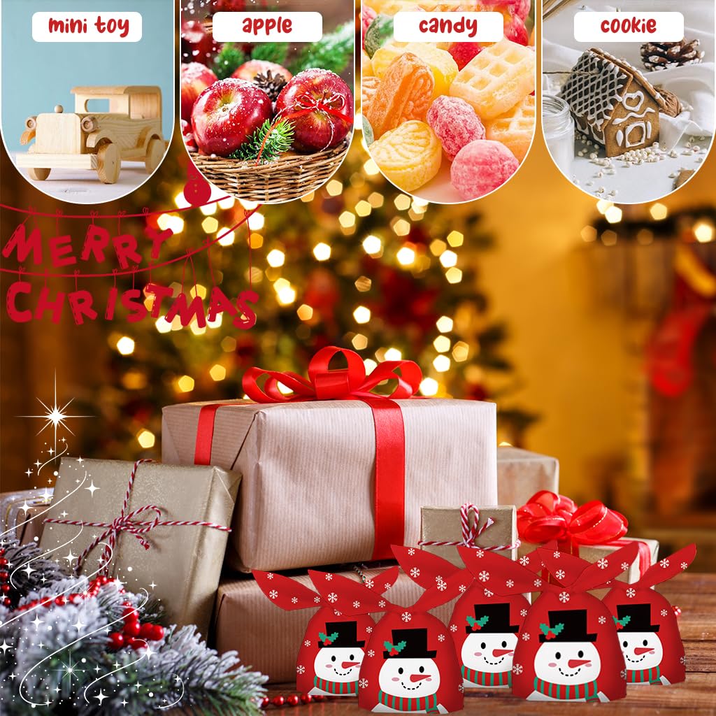 HASTHIP Christmas Gift Bags 50pcs for Small Holiday Gifts with Tie Up Closures | Red Snowman Print 13.5x23cm