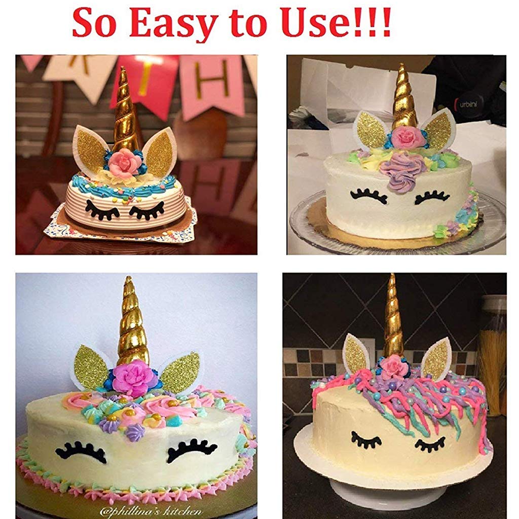 Handmade Gold Reusable Unicorn Horn Ears Eyelash Set Birthday Cake Topper for Decoration (5.8 Inch)