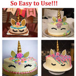 Handmade Gold Reusable Unicorn Horn Ears Eyelash Set Birthday Cake Topper for Decoration (5.8 Inch)