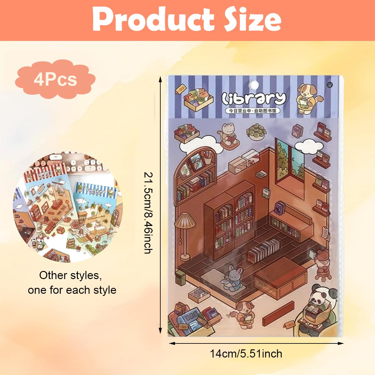 HASTHIP® 4 Sets DIY 3D House Stickers with Tweezer, Cute Cartoon Scene Stickers, Fun DIY Stickers Scene Make Your Own Supermarket Coffee Shop Restaurant Bookstore for Adult Kids Relief Stress