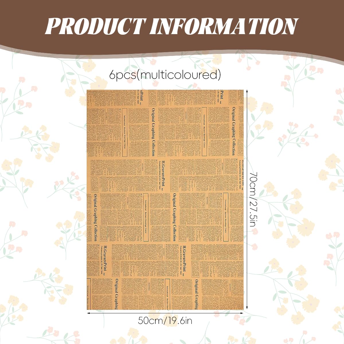 HASTHIP Flower Packing Papers for Gifts and Bouquets featuring Retro Newspaper Style 50x70cm 6 Sheets
