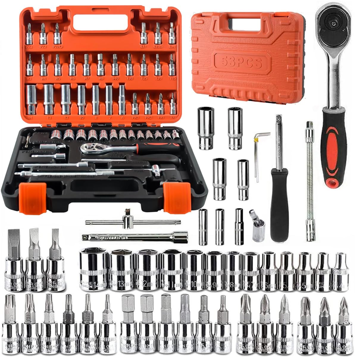 HASTHIP® 53 Pieces 1/4 inch Drive Socket Ratchet Wrench Tool Set with Bit Socket Set Metric and Extension Bar for Auto Repairing and Household