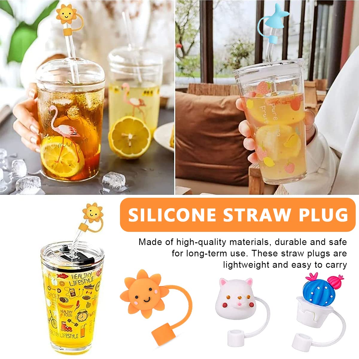 HASTHIP Silicone Straw Tips Cap Lids 12pcs for 6–8 mm Straws with Cute Anti Dust Covers | Reusable Drinking Straw Toppers for Kids