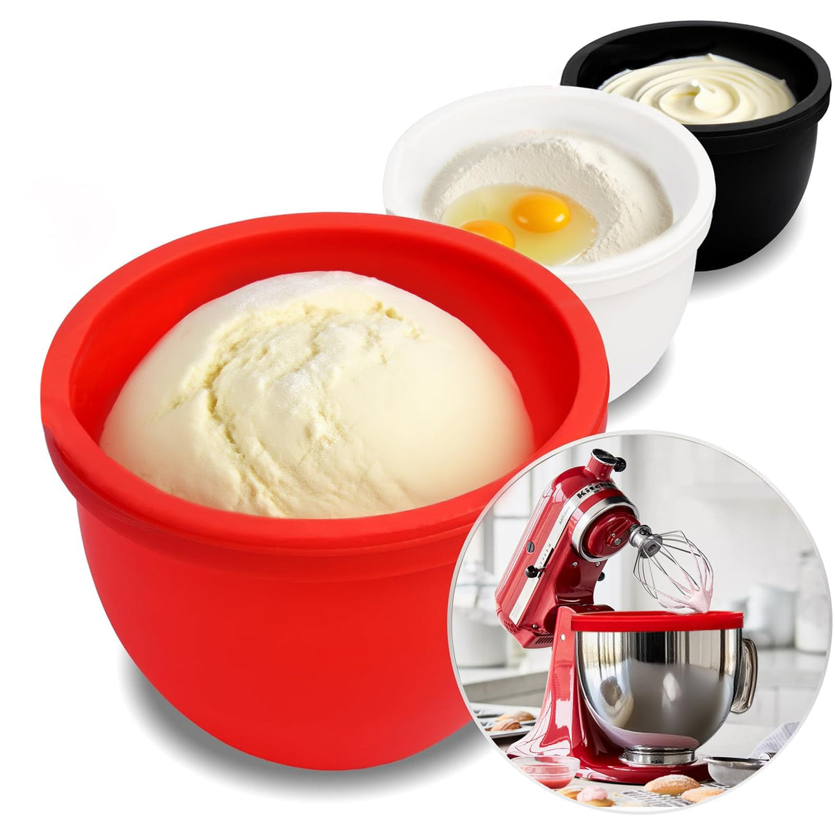 HASTHIP® Revestimientos de Silicona para Tazón de Mezcladora KitchenAid 5 Qt,3 Forros con Tapas Antideslizantes,Resistentes al Calor Fácil Limpiar - Rojo