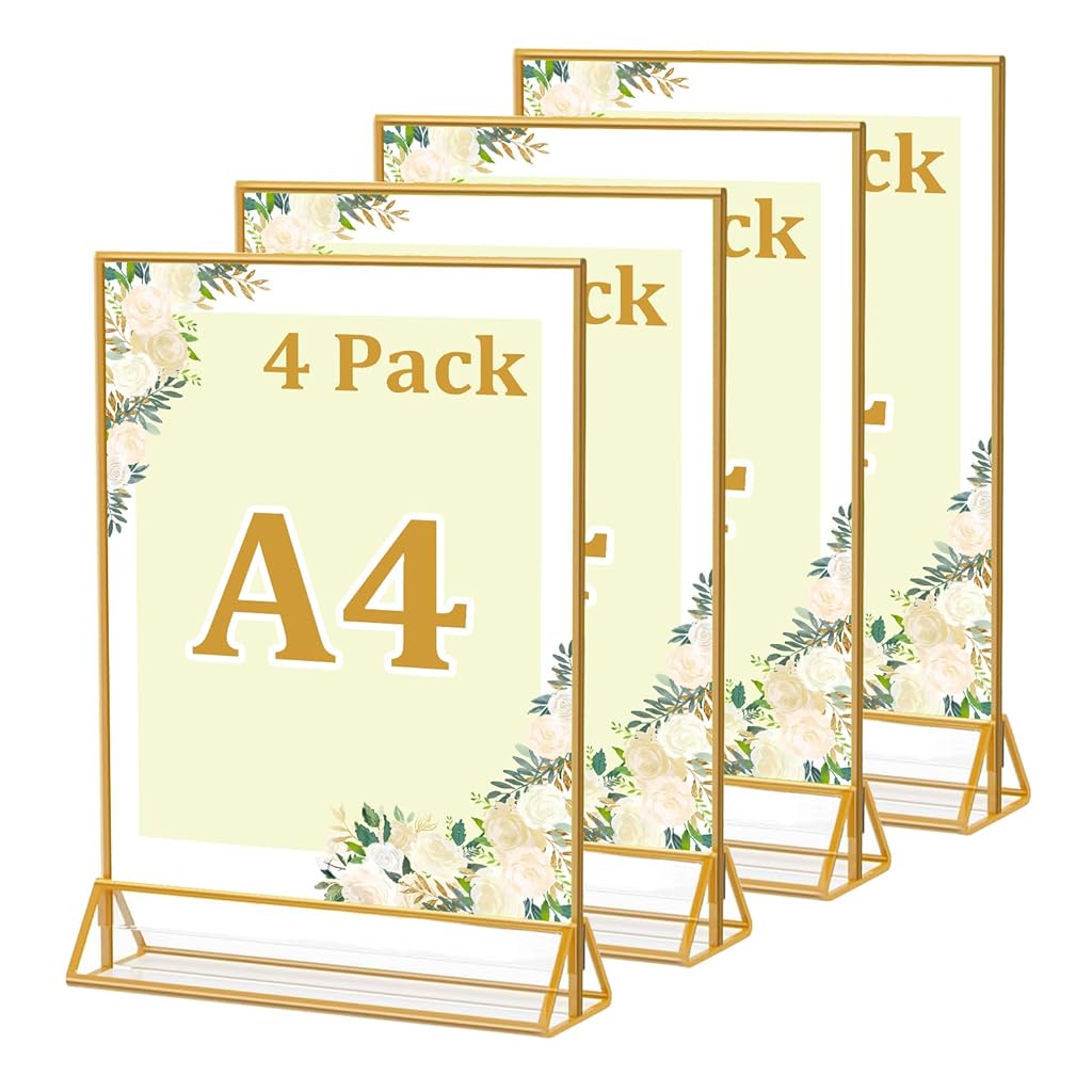 HASTHIP® 4 Pack Acrylic Gold Sign Holder, Double Sided A4 Menu Stand, Clear Vertical Table Display for Restaurant Menus, Office Flyers, Acrylic Photo Frame, Desk Brochure Holder