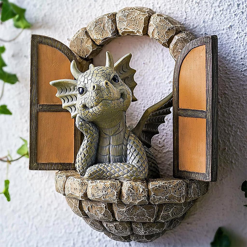 HASTHIP® Wall Decor Cute Dinosaur Statue Ornament Door Ornament Resin Art Dinosaur Garden Decoration Rustic Home Decor Window Decor Home Gift, 12.5x15.4cm