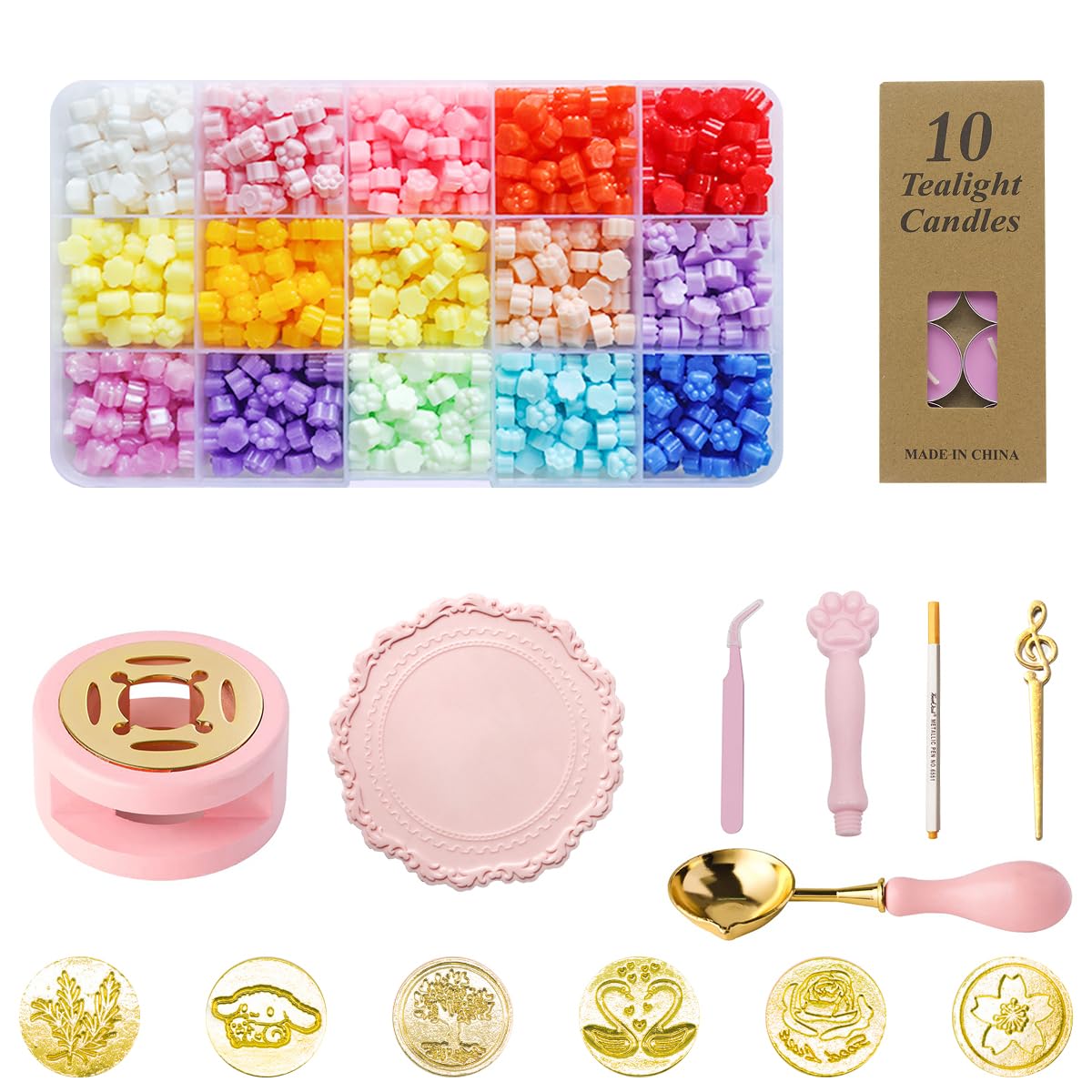 HASTHIP Wax Seal Stamp Set for DIY Invitations with 15 Multicolor Beads and 6 Stamps | Pink Cat Claw Handle