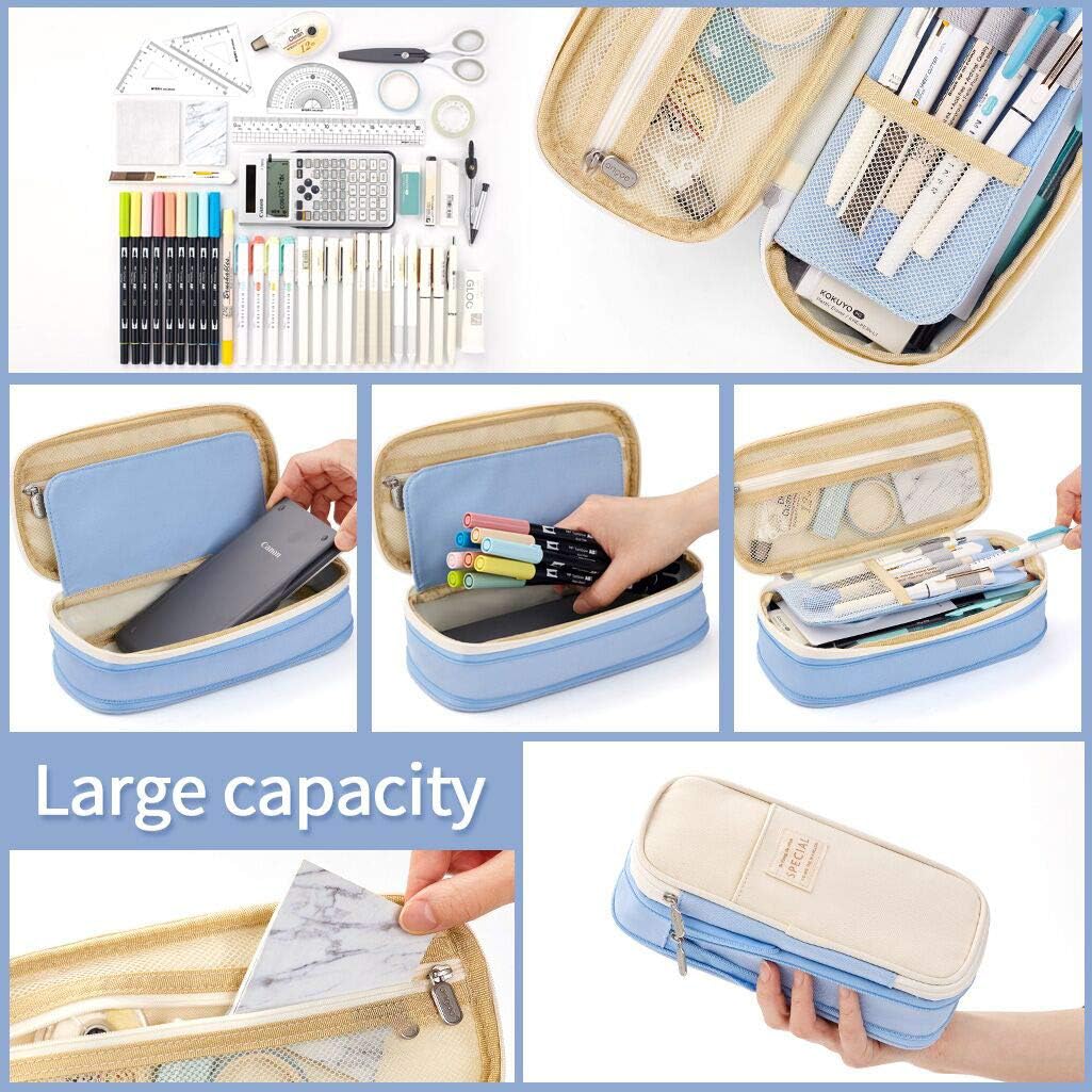 HASTHIP Pencil Case for Students with Double Zipper and Expandable 21.5×10×7 cm Design | Light Blue 2 PCS