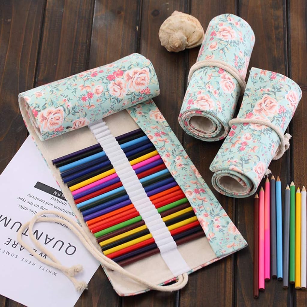 HASTHIP® Canvas Handmade Knitting Pencil Roll Wrap Holder, Large Capacity 48 Slots Pencil Case, Multi-Compartment Portable Canvas Pouch Organizer for School Office Art Supplies, Pink