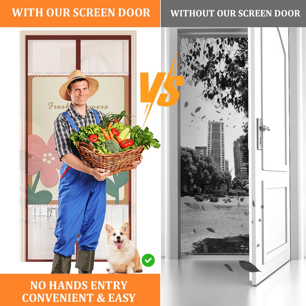 HASTHIP Screen Magnetic Mosquito Net for Door 39.37x 82.68 in with Auto Close Magnets | Coffee Patchwork Polyester Mesh Curtain
