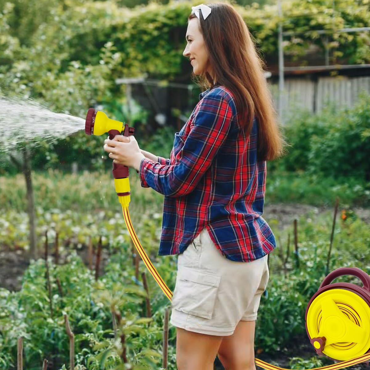 HASTHIP® 32.8Ft Garden Hose Sprayer with Hand Crank Reel High Pressure Garden Hose Sprayer with Multi Modes, Labor Saving Car Washing Hose Sprayer Garden Hose Sprayer for Gardening, Car Washing