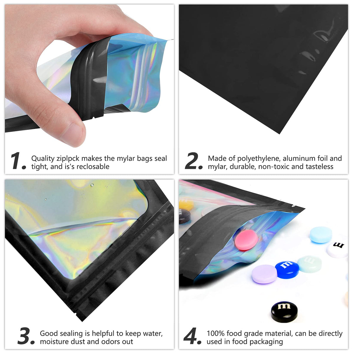 HASTHIP Smell Proof Mylar Bags for Food Storage featuring Resealable Zip & 300PCS 7.5×12cm | Holographic Rainbow Design