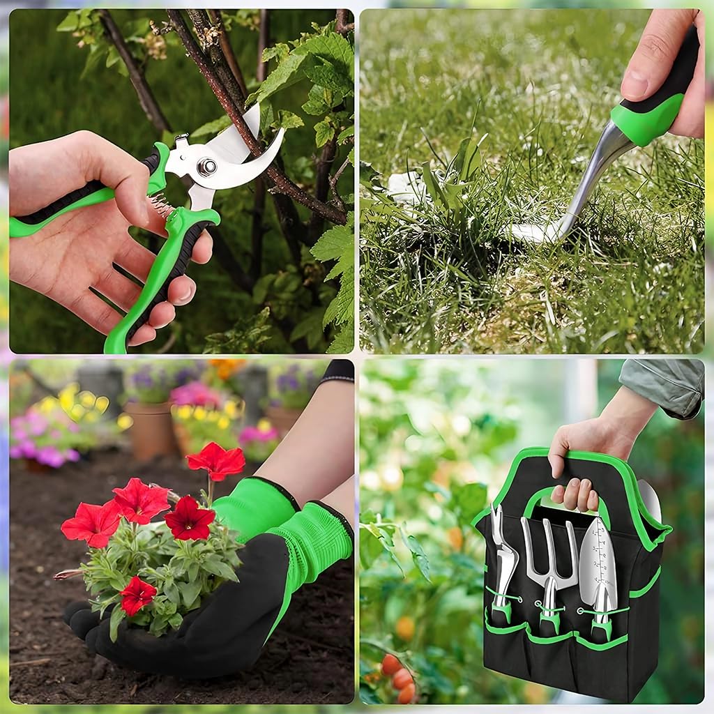 HASTHIP® 8 Pcs Gardening Tools Set - Aluminum Alloy Steel - Garden Planting Tools - Gardening Tools Kit For Home Garden - Gardening Tools Kit Set - With Tote Tool Bag - Suitable For Garden Patio