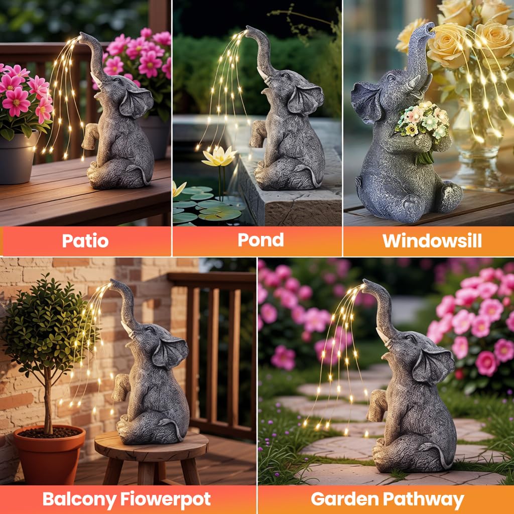 HASTHIP Elephant Resin Statue for Garden and Home Decor with Solar Starry Light 4.5x5.3x10.6 in