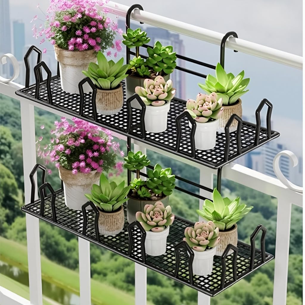 HASTHIP Hanging Flower Pot Shelf for Handrail with Double Layer Wire Mesh Rack 42.5x23x20cm | Balcony and Garden Fence Planter Organizer