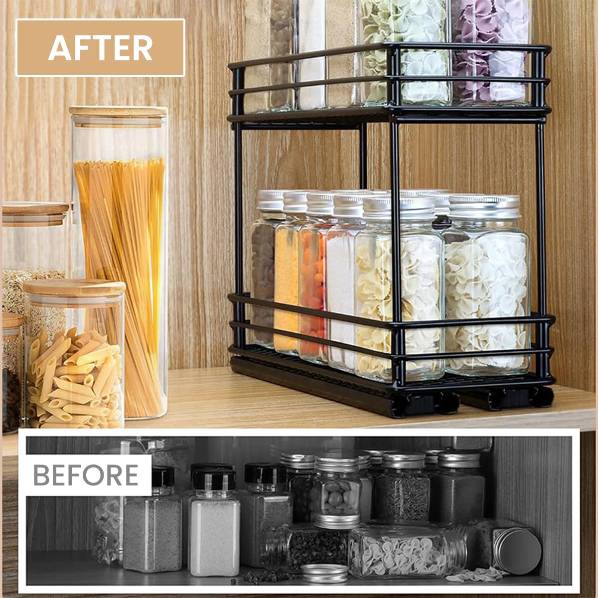 HASTHIP Kitchen Organizer for Countertop and Cabinet 26x15x21.8cm featuring Double Tier Pull Out Metal Rack