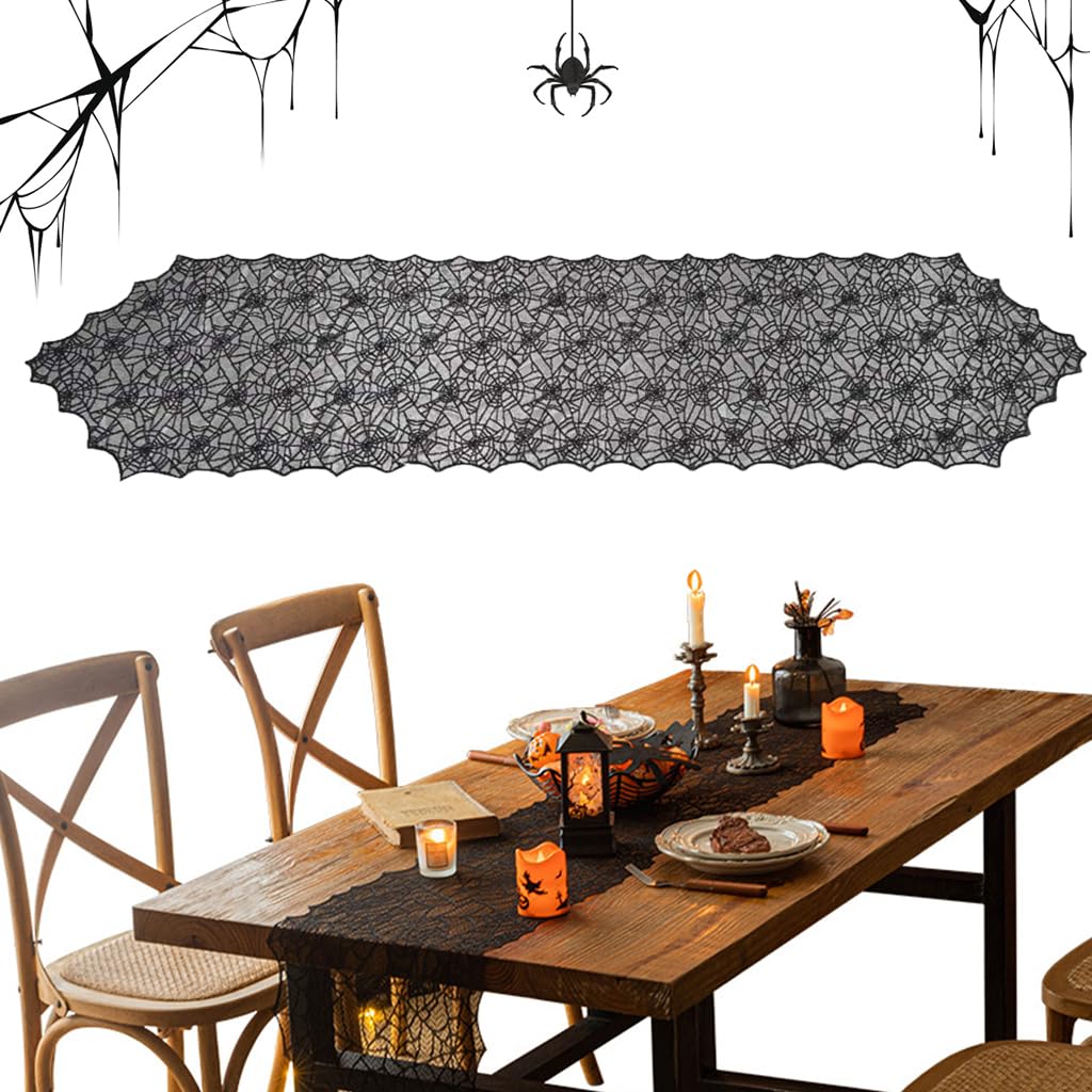 HASTHIP Halloween Table Runner 18x72 in for Party Decor featuring Black Lace Cobweb Design
