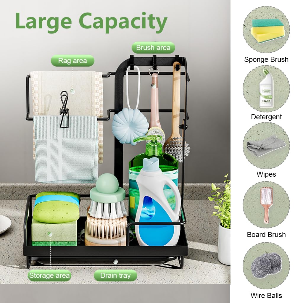 HASTHIP Kitchen Sink Organizer for Countertop with Drainage System and Removable Tray | 10×6×13.7 in Black Sponge Holder with Hooks