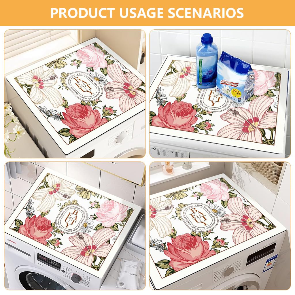 HASTHIP Washing Machine Mat 23.62x23.62 in for Over Washer Use with Anti Slip Diatomite Pad | Quick Dry Floral Print Countertop and Dish Dry Mat