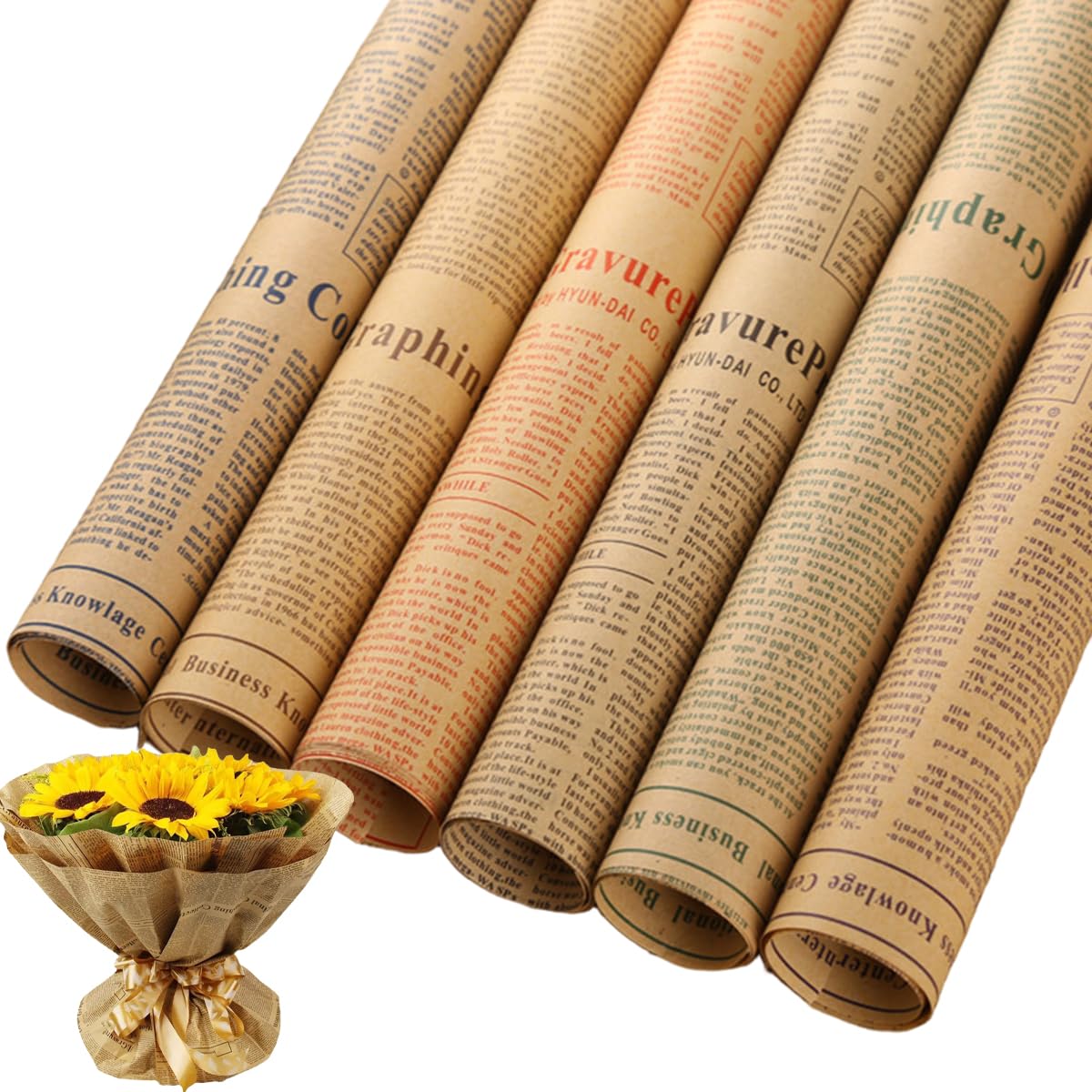 HASTHIP Flower Packing Papers for Gifts and Bouquets with Retro Newspaper Style 6 Sheets 50x70cm Brown