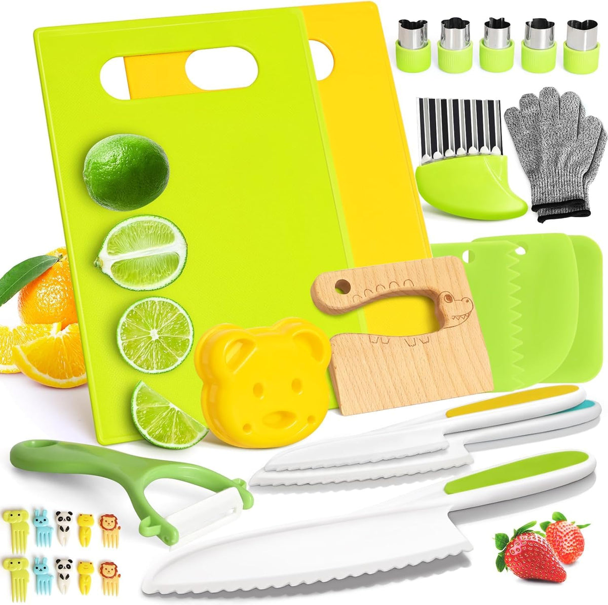 HASTHIP® 27Pcs Kids Fruit Cutter Set Kids Kitchen Culinary Set Play House Kitchen Plastic Cutter Kids Hands-on Kitchen Toy with Cutters, Cake Mold Cutting Board, Peeler, Safety Gloves