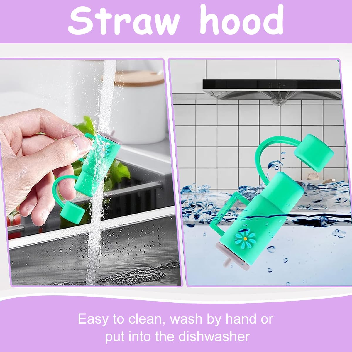 HASTHIP Straw Cover Cap Set for 10mm Cups with Anti Lost Handle and Food Grade PVC | 5PCS