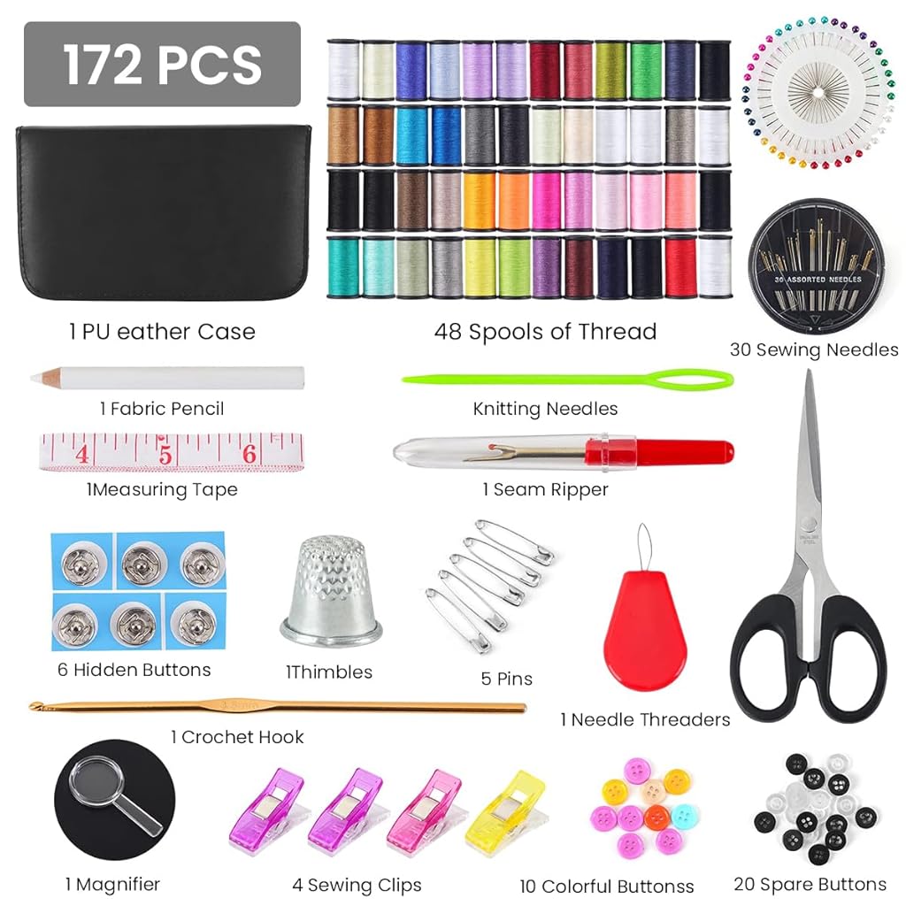 HASTHIP® 172Pcs Sewing Kit with Thread,Needle,Scissors Thimble Tape Measure & Threader Portable Travel Sewing Set for Home DIY Repairs Hand Kit for Beginners Compact Supplies Bag