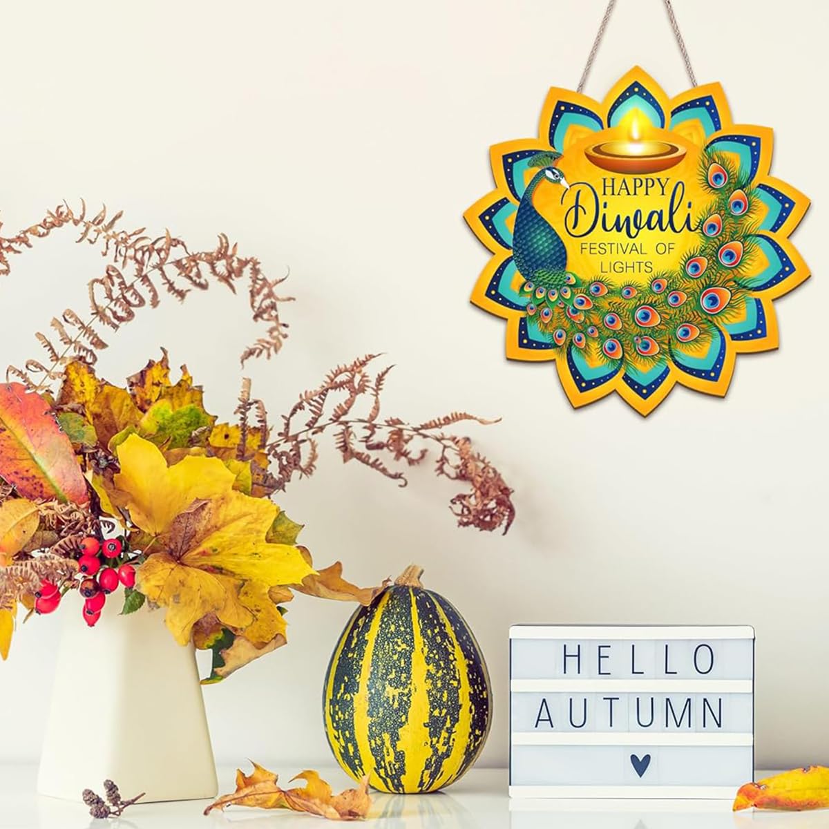 HASTHIP Diwali Door Hanging for Home and Party Decor with Rope 9.84 in Wood Peacock Sign