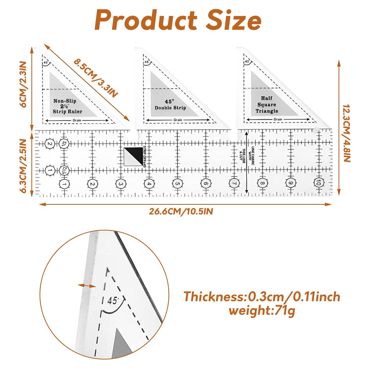 45° Double Strip Ruler, Strip Tube Quilting Ruler, Acrylic Quilt Rulers, Non-Slip Quarter Square Triangle Cutting Guide for Sewing (10 inch)