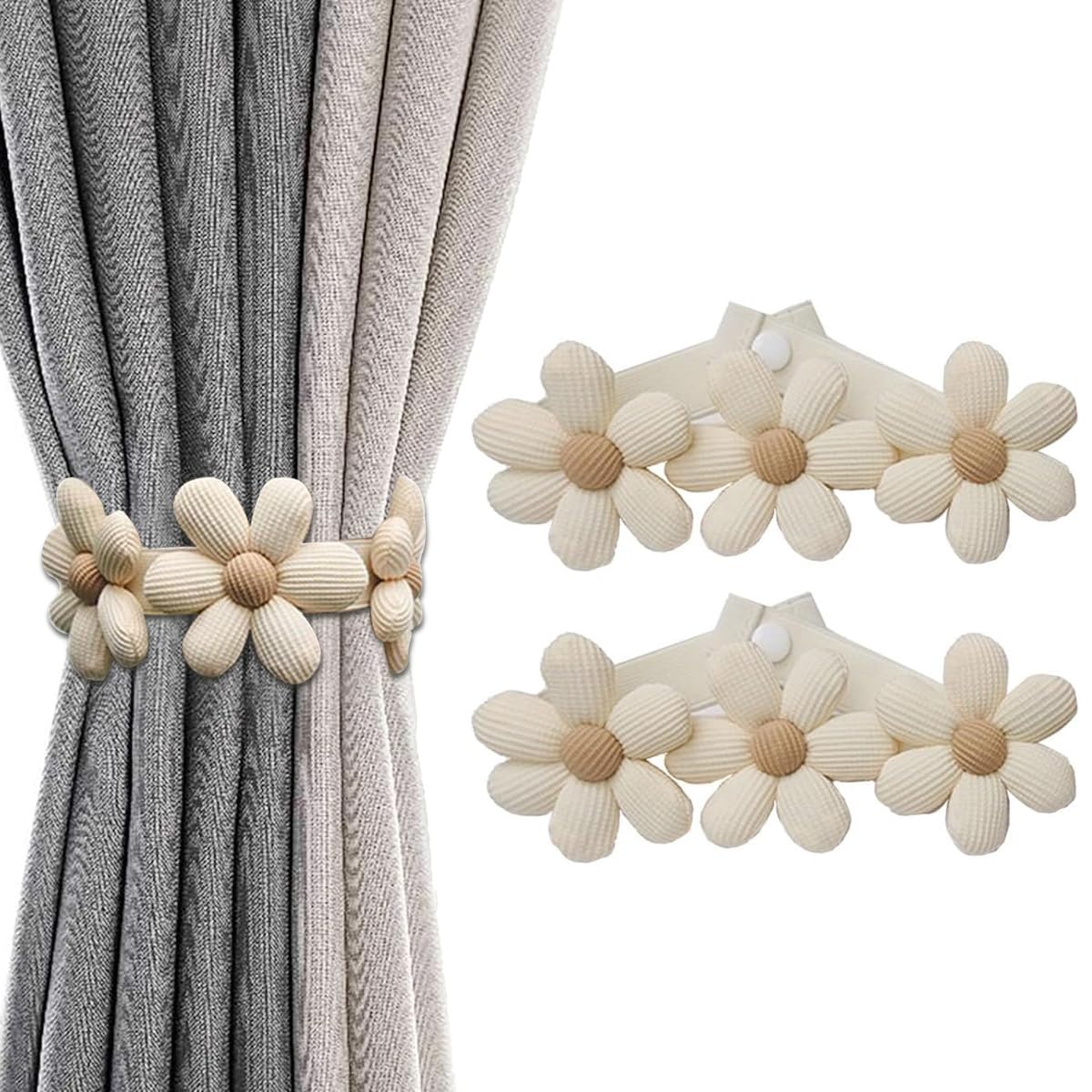 HASTHIP Curtain TieBacks for Drapes | 2 Pack Elastic Pearl Floral Holders with Cotton Fabric