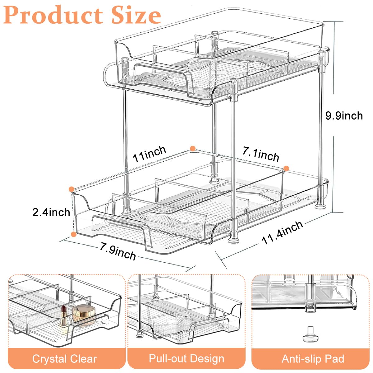 2 Tier Desk Storage Organizer, Clear PET Organizers Pull Out Sliding Desk Organizers Makeups Organizers Double Layer Desk Organizers for Office, Kitchen, Bathroom, Dressing Table