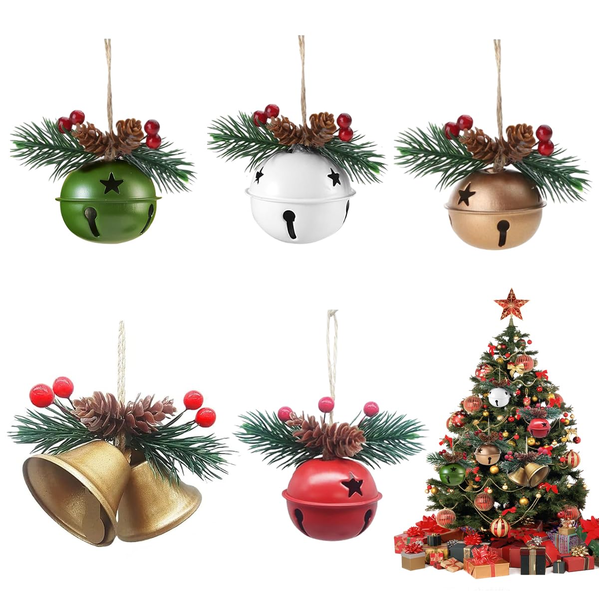 HASTHIP Christmas Jingle Bells for Tree and Home Decor featuring Hemp Rope Hanging | 5PCS 3.9 in Metal Ornaments