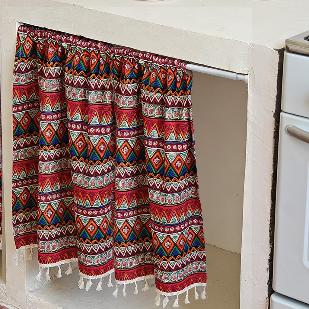 HASTHIP® Bohemian Kitchen Sink Curtain, Geometric Tribal Kitchen Cabinet Curtain, Dustproof No-Drill Under-Counter Storage Cover for Bathroom & Shelves with 62-110cm Telescopic Rod (140×70cm)
