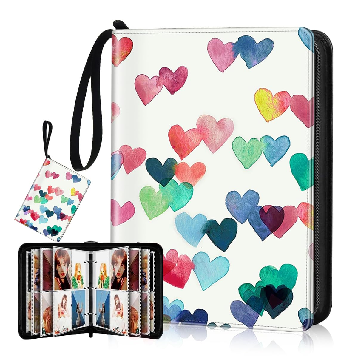 HASTHIP Instant Photo Album for Instax & Game Cards with 200 Slots and Zipper Strap | Heart Pattern PU Cover