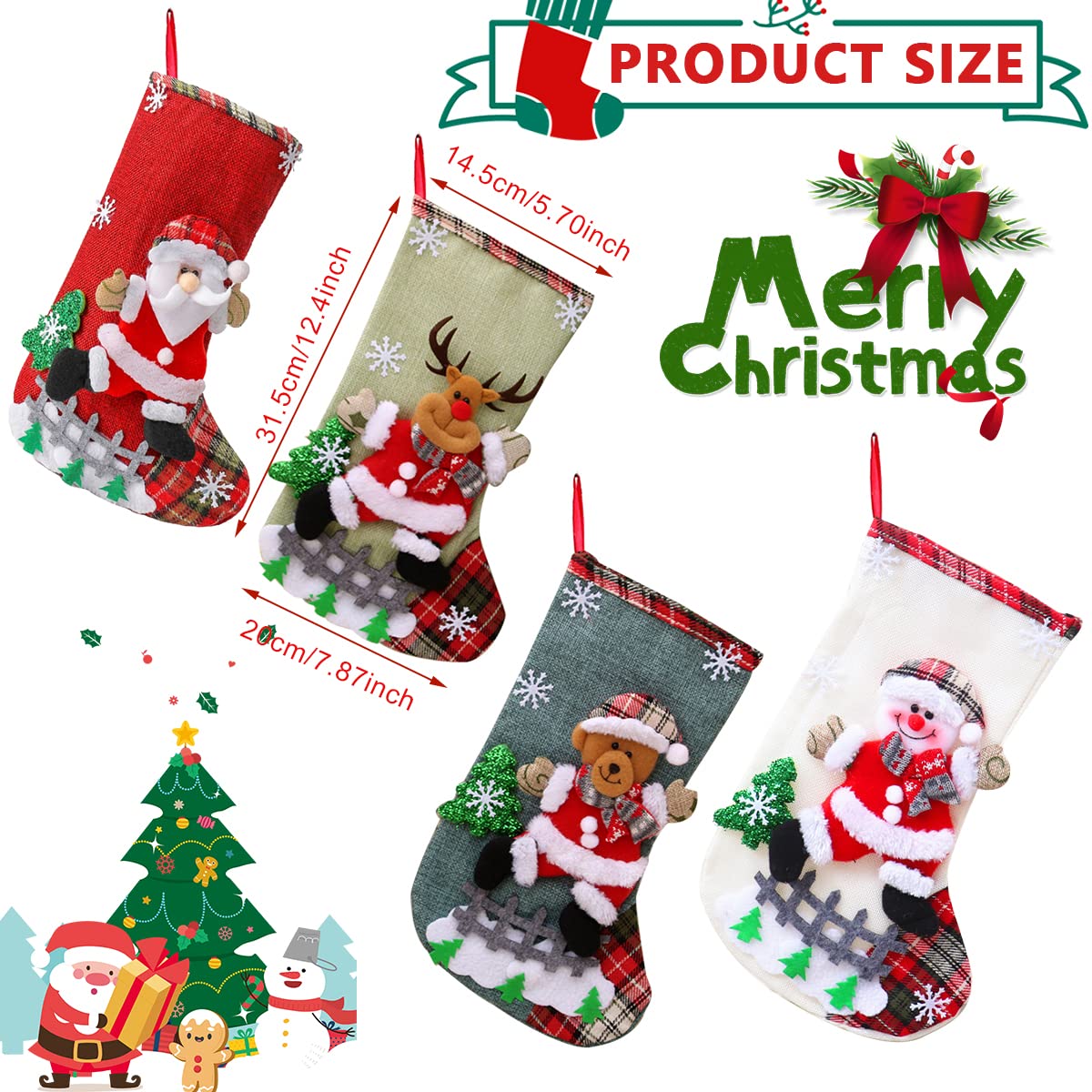 HASTHIP Christmas Stockings Set of 4 for Home Decor featuring 13 in Linen Fabric | Cute Elk Snowman and Santa Designs
