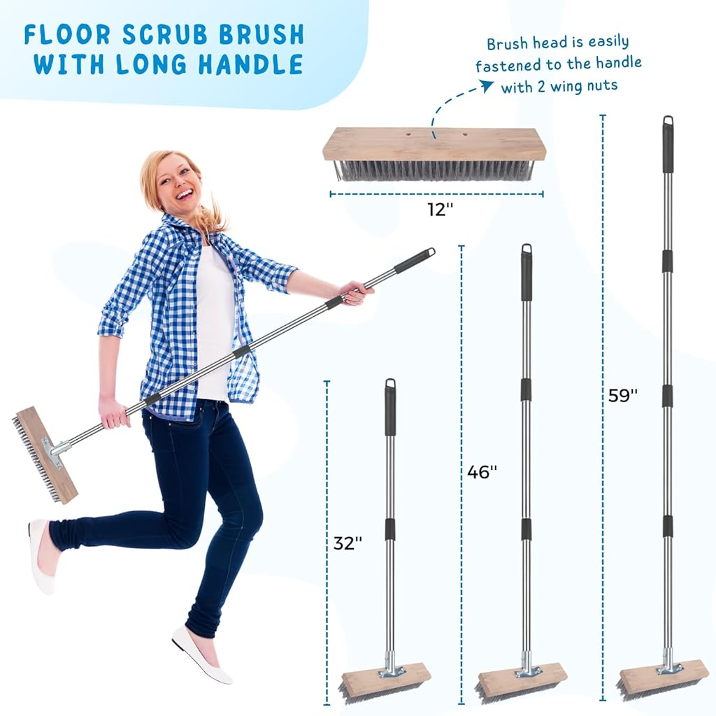 HASTHIP® Stainless Steel Wire Bristle Scrub Brush, Assembly Stainless Steel Rod, 30cm Wide Heavy Duty Floor Cleaning Brush for Tough Dirt, Grout, and Outdoor Surfaces
