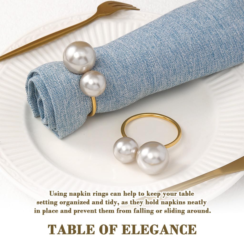 HASTHIP Faux Pearl Napkin Rings for Weddings and Festive Tables | Set of 6 Golden Holders