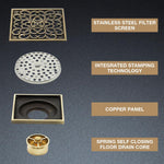 HASTHIP Bathroom Floor Drain for Shower with Self-Opening Anti-Odor Mechanism | 3.93 in Antique Brass Square Featuring Floral Cut-Out Cover