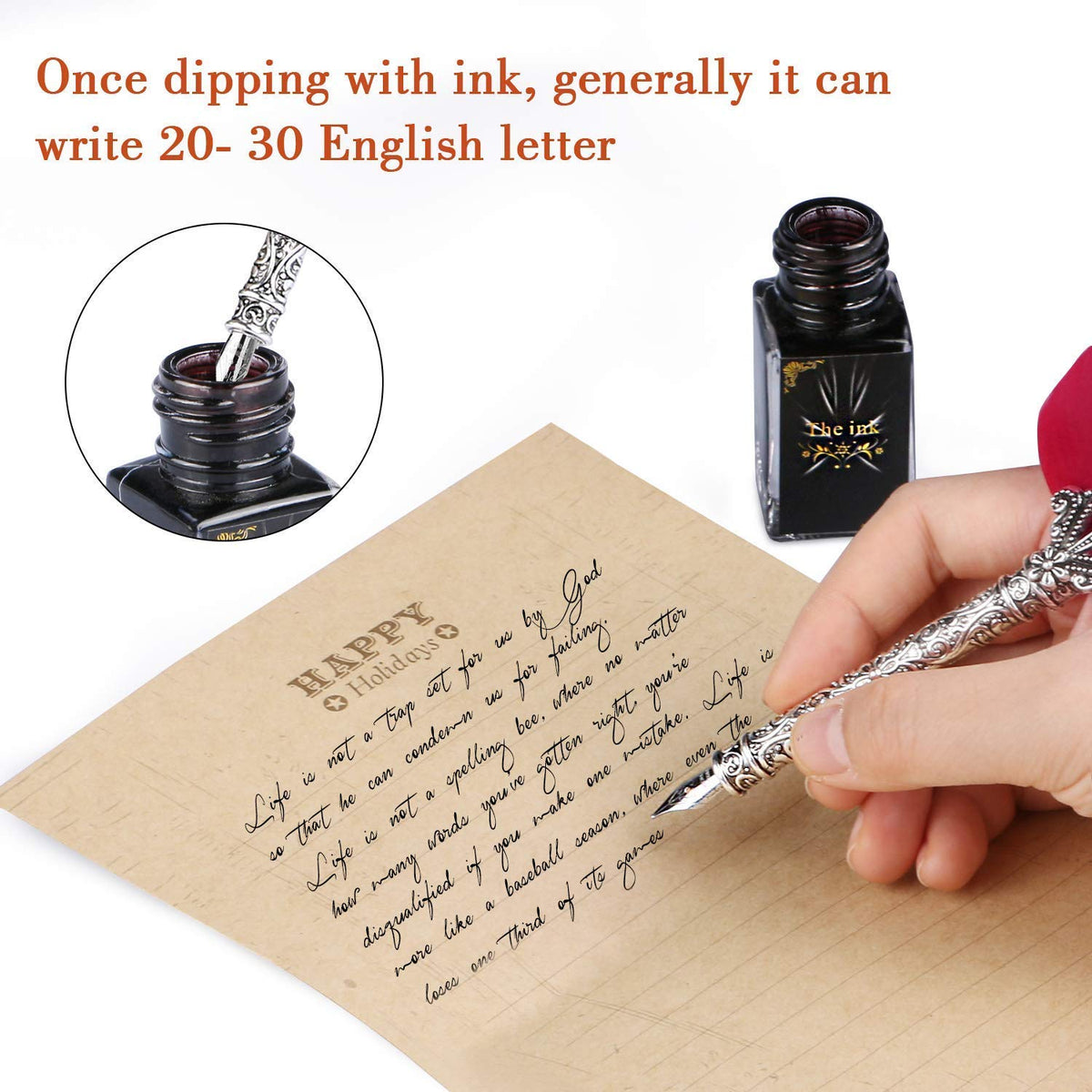 Climberty® English Calligraphy Feather Dip Quill Pen Writing Ink Set Stationery Gift Box with 5 Nibs and Ink (Red)