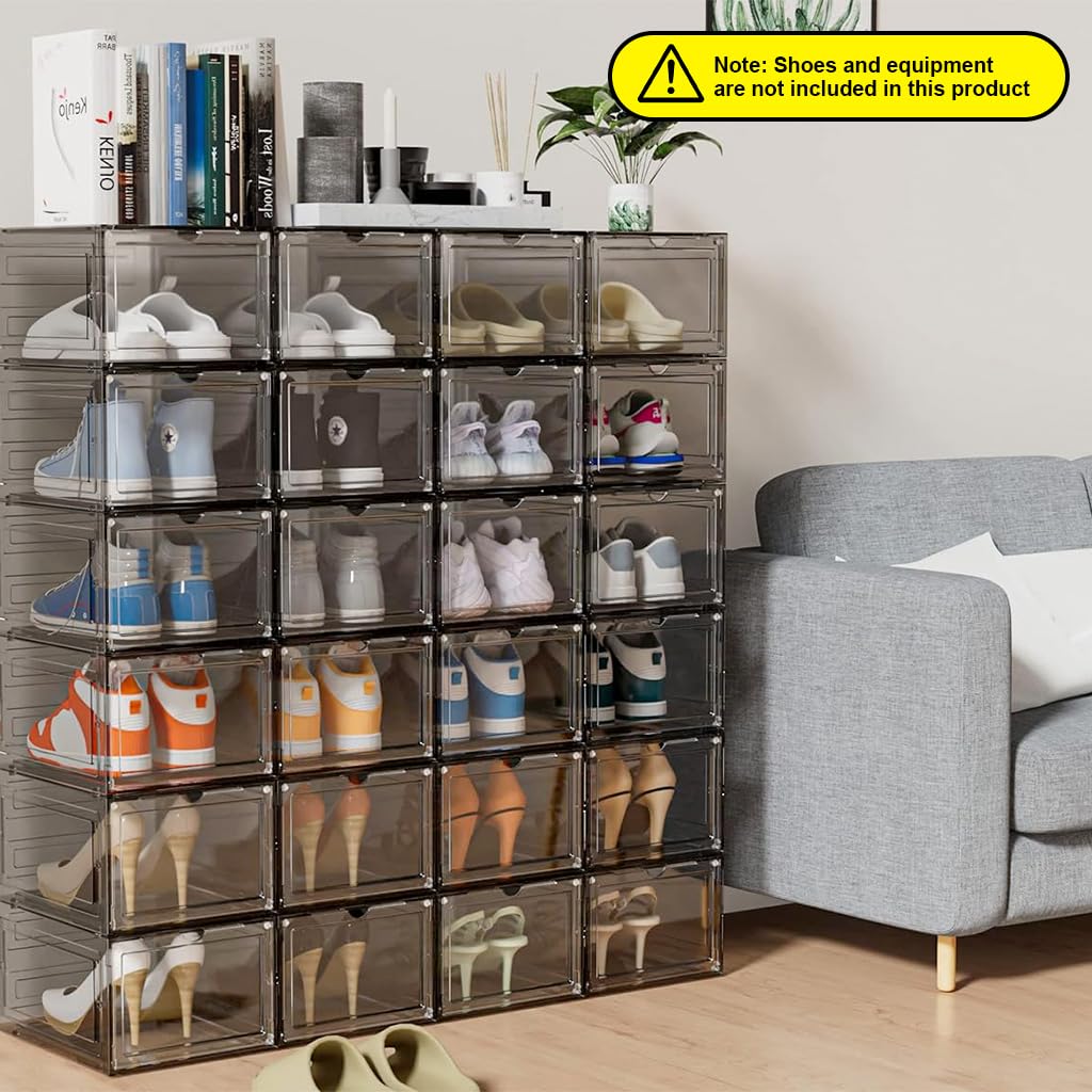 4 Packs Shoe Box Plastic Shoe Storage Separate Shoe Box with Magnet Door Stackable Shoe Organizer Universal Size Sneaker Shoe Box for Men Shoes Box for Women