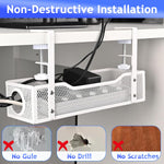 HASTHIP® No Drill Under Desk Cable Management Tray, Adjustable Metal Wire Organizer Rack with Clamp for Cord, Power Strip & Network Cable Storage, Office Or Home Use, 13x4.7x3.1 inches (White)