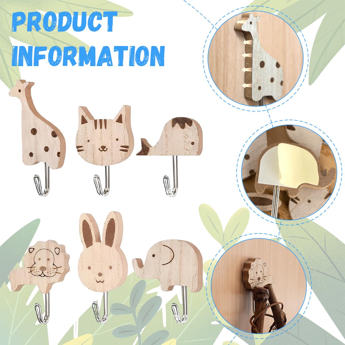 HASTHIP Cartoon Wooden Wall Hooks for Entryway and Room with Self-Adhesive Design | 6Pcs Durable Wood & Metal Organizer