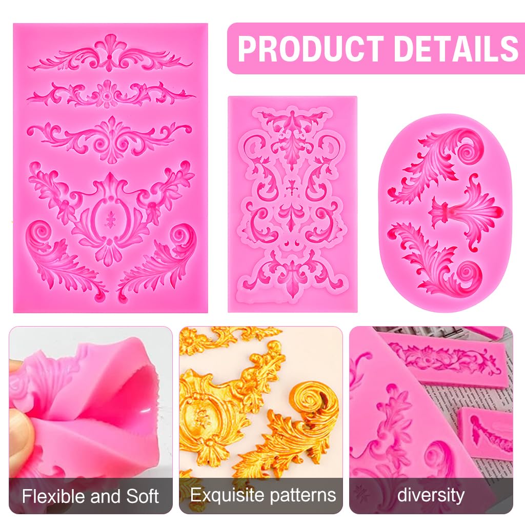 HASTHIP Fondant Silicone Molds Set of 3Pcs for Cake Decorating with Floral Lace Designs | Food Grade Reusable Baking Molds