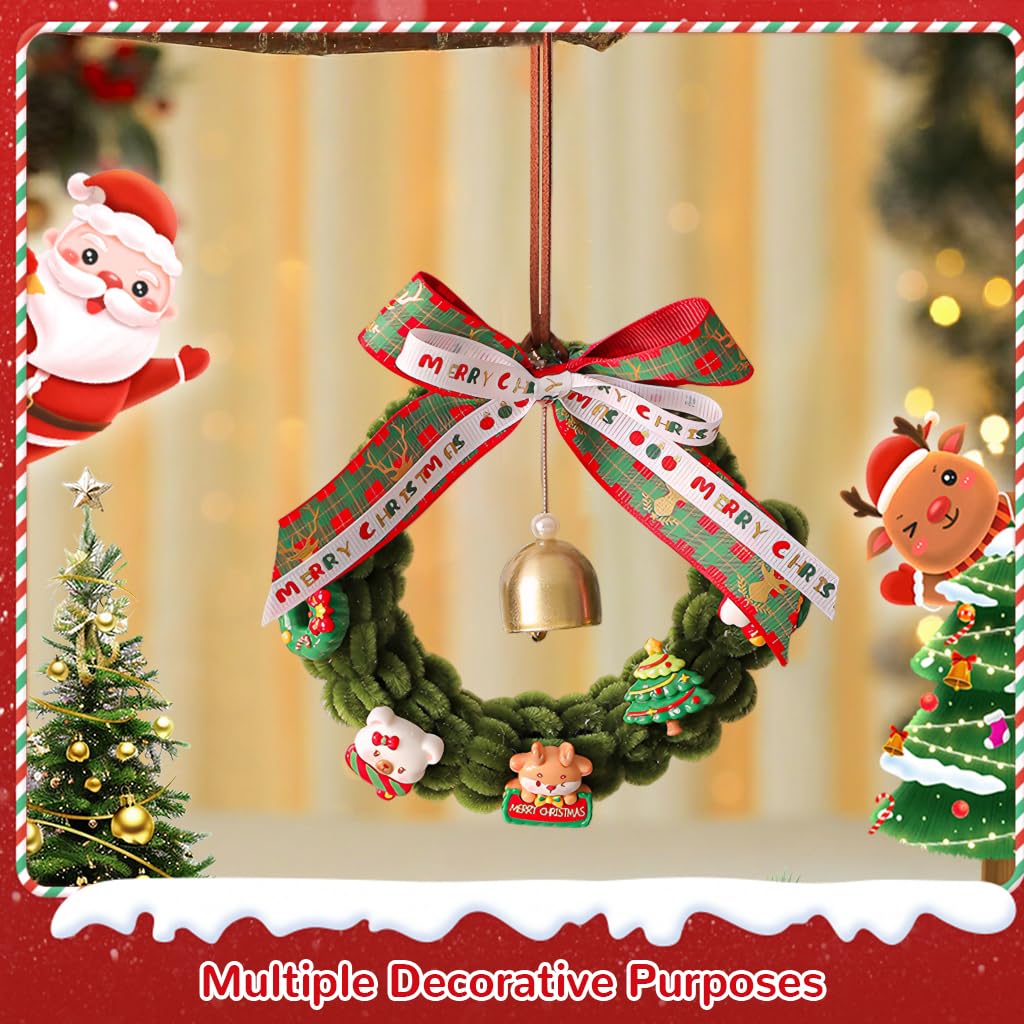 HASTHIP Christmas Wreath for Door and Window with Bell Ornaments and Ribbon Bow | Handmade Pipe Cleaner Holiday Garland Decor