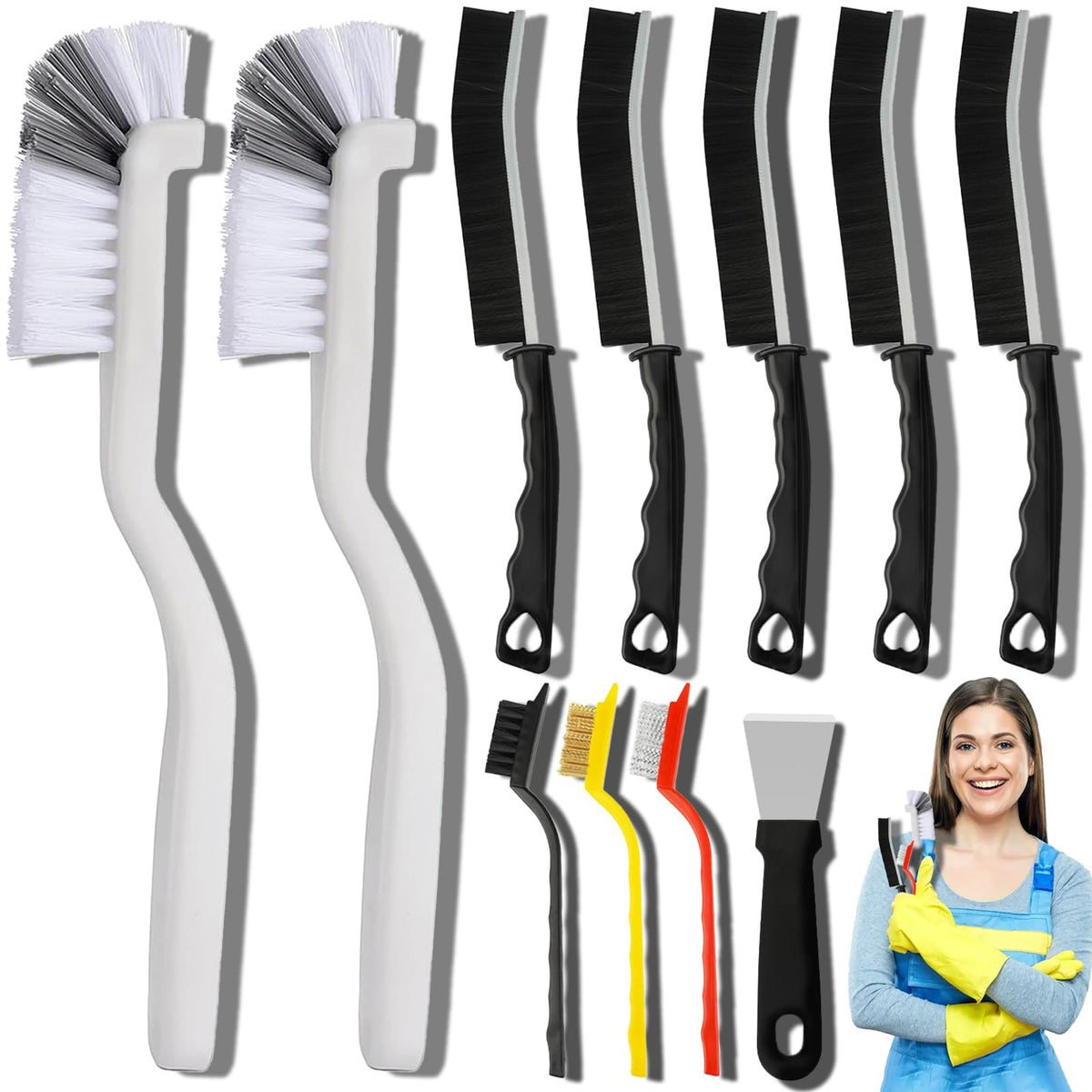 HASTHIP® 11Pcs Crevice Cleaning Brush Set, Hard Bristle Cleaning Supplies for Kitchen, Bathroom, Corner, Grout, Sink, Cup, Teapot, Bottle