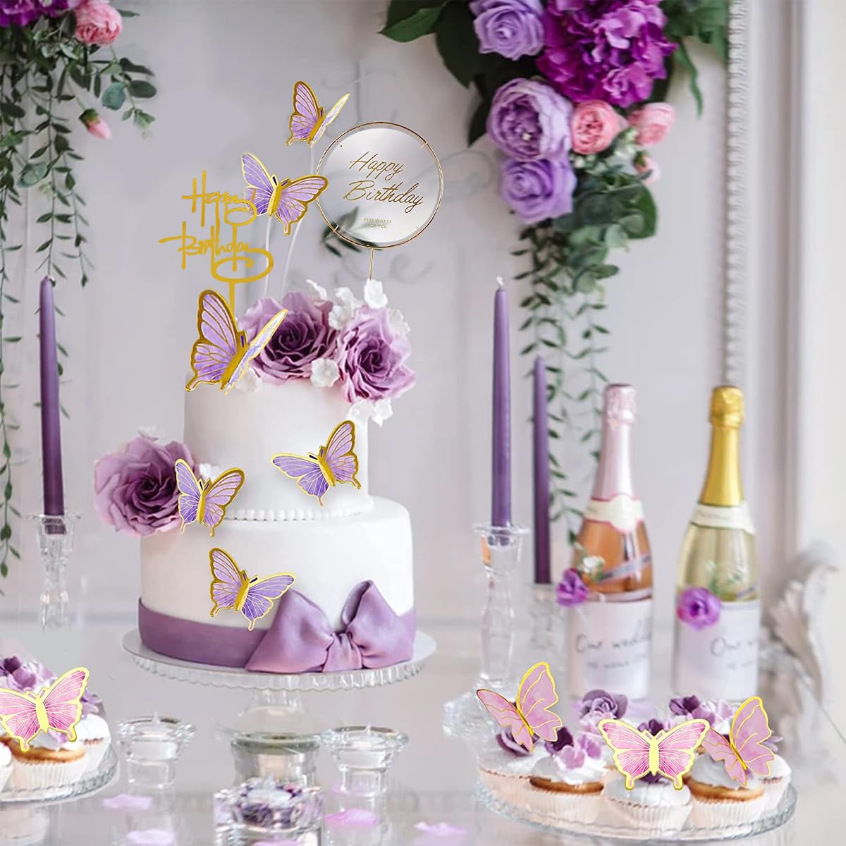 HASTHIP Butterfly Cake Decorations for Birthday Cakes with 22 pcs Set in Pink & Purple | Reusable Acrylic and Iron Circle Toppers