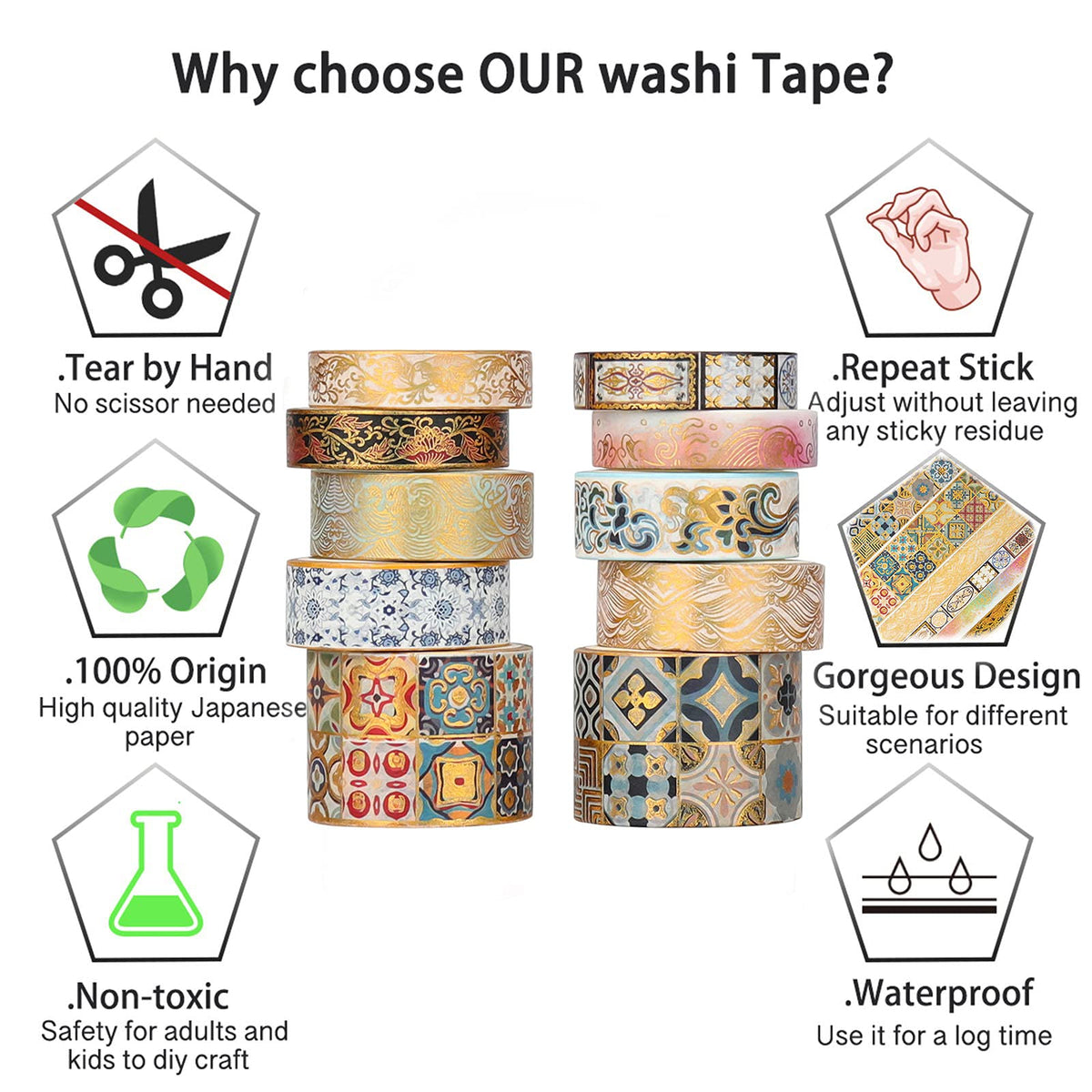 HASTHIP Washi Tape Set for Journals and Scrapbooks with 10 Rolls 3 m Each | Vintage Gold Prints