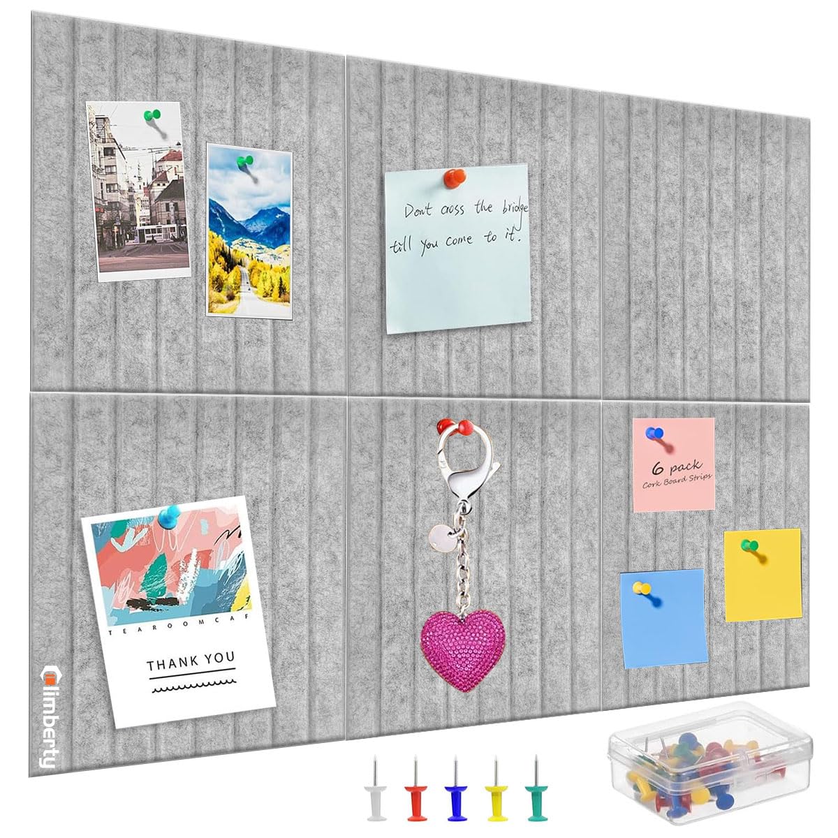 HASTHIP® 6Pcs Felt Bulletin Board Vision Board,30x30cm Self-Adhesive Wall Boards with 50pcs Drawing Pins,Felt Message for Paste Notes Photos Schedules (Grey)
